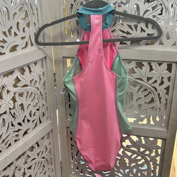 NWT Hurley X Love Shack Fancy collab. High neck, one piece zip swimsuit.Pink/blu - Picture 8 of 10